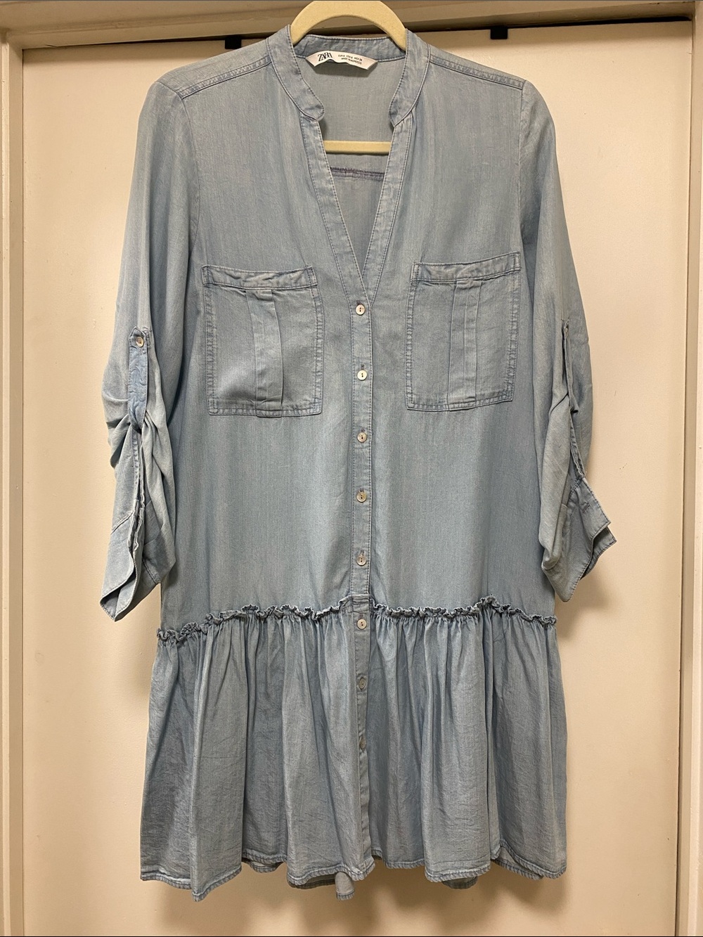 Zara Light Blue Denim Shirt-Tier Mini Dress